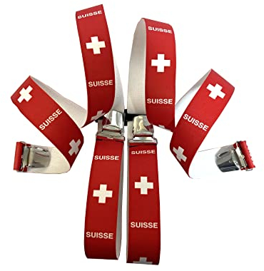 SCHWEIZ Hosenträger - 35MM breite Hosenträger mit 4 Clips in H-Form verstellbare elastische Hosenträger mit starkem Metallclip Party Fasching Kostüm Karneval/ Schweiz rot ST-054