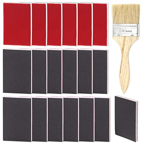Glarks 21Pcs 320-400 Grits Sanding Sponge Sanding Pads Sanding Blocks Washable Flexible Soft Foam Wet Dry with 1Pc 2.5 Inch Painting Brush