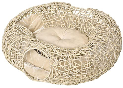 PawHut Cama de Ratán para Gatos 78x69x22 cm con Cojín Suave, 3 Orificios de Acceso y Túnel de Madera Natural