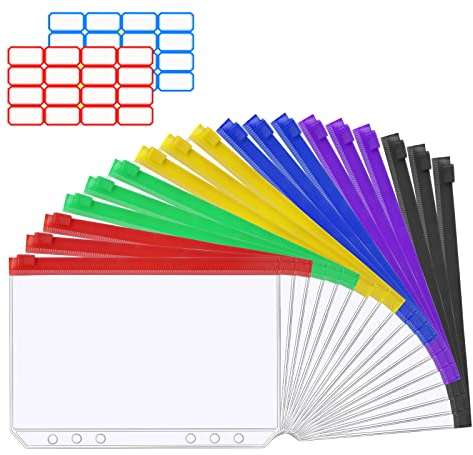 Vicloon A5 Binder Taschen, 18 Stück 6 Löcher Binder Taschen,mit 2 Aufkleber Beschriften, Transparente Budget Binder, Reißverschluss Loseblatt Ordner, für Notizbücher Dokumente Ringordner (6 Farben)