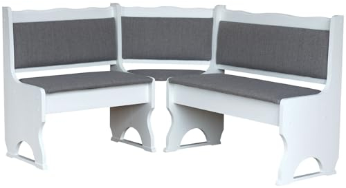 k koma Massivholz Eckbank Kiefer, weiß lackiert mit hellgrauer Polsterung (180 x 180 cm) - NEU