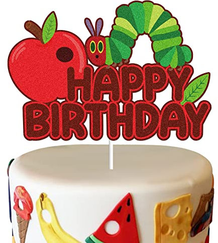 Hunger Caterpillar Happy Birthday Cake Topper Märchen Sehr hungrige Raupe Schmetterling Geburtstag Kuchen Dekoration Rot Glitzer Saftige Fruit Thema Geburtstag Party Supplies