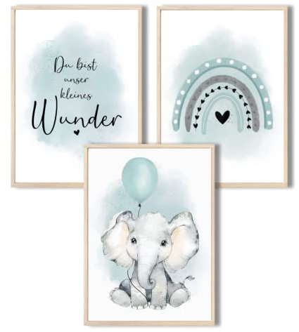 MeinBaby123® Bilder Kinderzimmer | 3er Set DIN A4 Poster Set | Wandbilder | Kinderzimmer Poster | Deko Bilder Kinderzimmer Mädchen und Jungen | Wandposter Premium (Elefant & Luftballon mint)