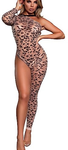 Women's Sexy Lingerie Lace Leopard Bodystockings See-Through Teddy Bodysuit One Piece Jumpsuit Single Long Sleeve Leg Stretch Babydoll Bodycon Leotard Fishnet Nightwear Tights for Party Clubwear