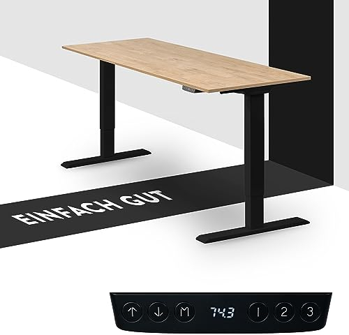 boho office® Höhenverstellbarer Schreibtisch 150 x 60 cm - Elektrisch stufenlos, 2 Motoren, 2-Fach Teleskop, Kollisionsschutz, USB-Anschlüsse - Homedesk Eco Schwarz inkl. Tischplatte in Wildeiche