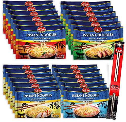 24er Mix Set Asia Gold Instant Nudeln I je 6x Rind Huhn Shrimp Ente I 24x60g I Chinesische Nudeln I Asia Nudeln Instant I Ramen Nudeln I Asiatische Nudeln I plus OYOY Metall Essstäbchen