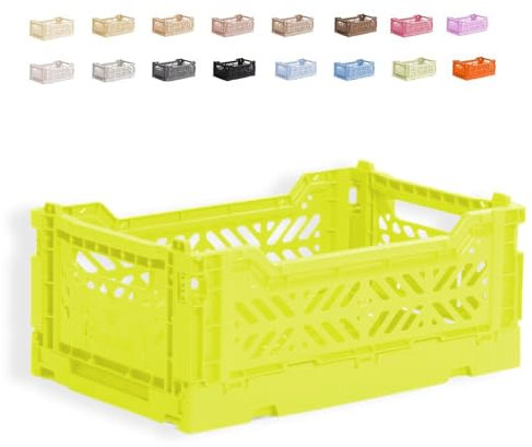 Ay-Kasa der originale faltbare Kunststoff-Aufbewahrungsbehälter, faltbarer Aufbewahrungskorb, stapelbare Kisten, stapelbare Aufbewahrungs Klappbox für Küche, Spielzeug und Büro (Mini, Neon Yellow)