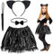 Fennoral 4tlg Katzen Kostüm Kinder Schwarz Pailletten Tutu Rock mit Katzenohren Haarreif Fliege Katzenschwanz Süße Katzen Kinder Tierkostüm für Mädchen Halloween Karneval Fasching Cosplay Mottoparty