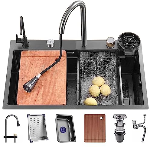 Fregadero de Cascada de Cocina de Acero Inoxidable con Acabado Negro Mate Fregadero de Bar para el hogar con estación de Trabajo con Grifo extraíble y arandela de Tazas fácil de Limpiar