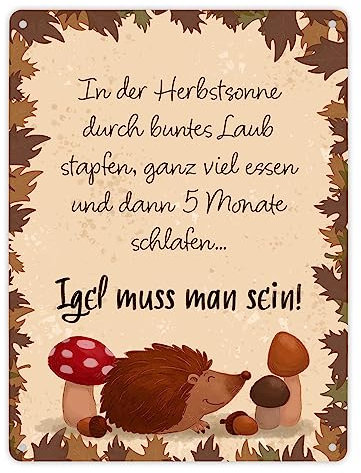 Winterschlaf Herbst Metallschild XL in 21x28 cm mit Spruch - Igel muss man sein als dekoratives Herbst-Schild für Natur- und Tierliebhaber für Garten und Wohnung herbstlich
