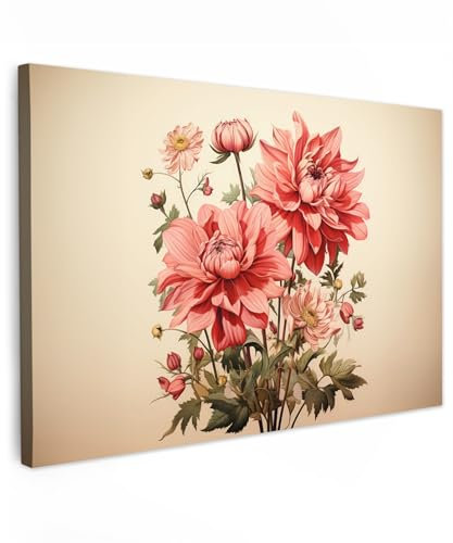 MuchoWow© Bilder Groß 120x80 cm XXL Wohnzimmer Deko Modern Wandbild Foto auf Leinwand Bild Schlafzimmer Room Decor Geschenke Vintage - Blumen - Rot - Beige - Pflanzen
