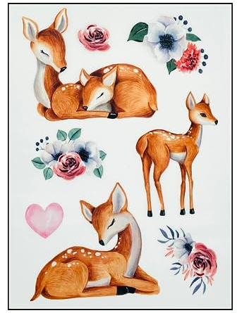 Bügelbilder Set für Textilien DIN A4 Kinder Mädchen Jungen Dino Einhorn Waldtiere groß klein Aufbügelbild zum aufbügeln verschiedene Designs Aufbügler Transferbilder (6 - Rehe)