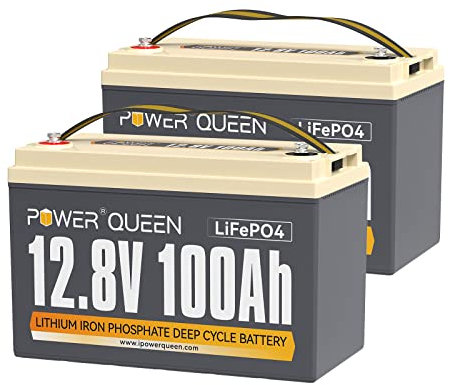 Power Queen Batterie 12V 100Ah LiFePO4(Pack de 2), Rechargeable Batterie avec 100A Protection BMS et 4000-15000 Cycles Profonds, sans Entretien Parfait pour Camping-Car (12V100Ah-2PACK)