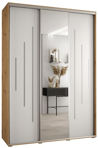 MEBLE KRYSPOL Davos 13 170 Schrank mit DREI Schiebetüren für Schlafzimmer - Moderner Kleiderschrank mit Spiegel, Kleiderstange und Regalen - 235,2x170x60 cm - Artisan Weiß Silber
