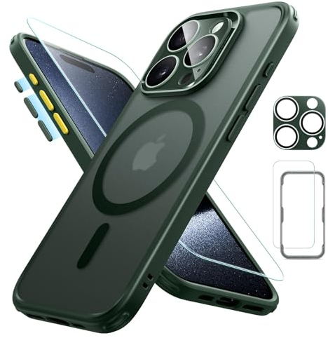 ESR für iPhone 15 Pro Hülle Set (5 in 1), durchscheinende Matte Hülle mit Displayschutzfolie und Kameraschutz, kompatibel mit MagSafe, Militärnorm Schutz, Classic Serie, Mattiertes Grün