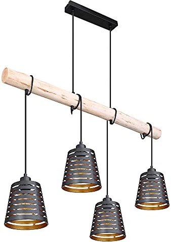 GLOBO Pendelleuchte Holzbalken Hängelampe Retro Esszimmerlampe hängend mit vier Metallschirmen, schwarz gold, 4x E27, LxBxH 85x17x120 cm, Wohnzimmer