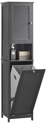SoBuy Badezimmerschrank Hochschrank mit Wäschekorb Schmaler Badschrank mit Regal, Badmöbel für kleine Bäder, Wäscheschrank stehend Badezimmer Schrank Graues 40x170x38 cm BZR124-DG