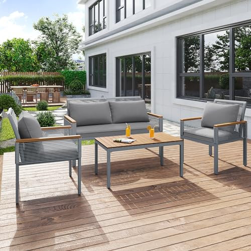 Rtopsu Polyrattan-Lounge Gartenlounge für 3-4 Personen, Balkonmöbel Gartenmöbel-Set aus Doppelsofa 2 Sessel und Tisch, Gartenlounge-Set mit Sitzkissen für Garten, Strand, Terrasse und Balkon, Grau