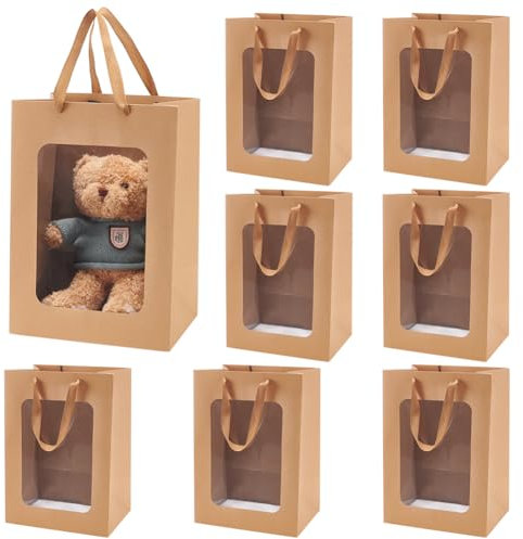 BENECREAT 8 paquetes de bolsas de papel kraft marrón con ventana transparente, bolsa de regalo de 35 x 25 x 18 cm con asas para cumpleaños, bodas, fiestas, aniversarios