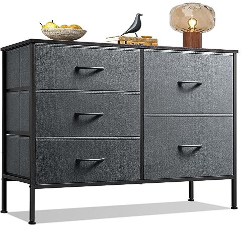 WLIVE Kommode mit 5 Schubladen aus Stoff, Kommodenschrank für Schlafzimmer, Kommode Wohnzimmer, mit Stabiler Stahlrahmen und Holzplatte, Dunkelgrau