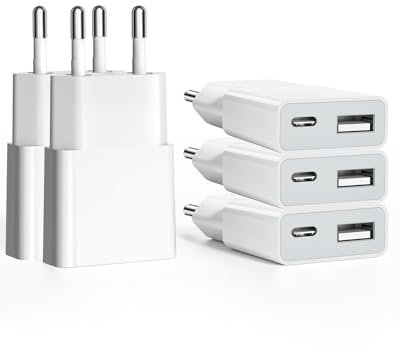 SCHITEC 5 Unidades Cargador USB de 5W 5V/1A 2 Puertos USB C + USB A Adaptador de Enchufe para iPhone, Lector de Libros Electrónicos, Xperia, MP3, Smartphone Galaxy S8,Huawei