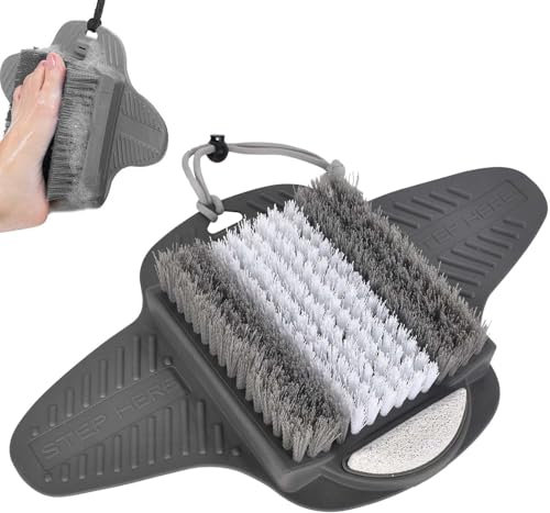 Non-Slip Foot Scrubber Mat With Pumice Stone - Silicone Massager and Exfoliator for Shower With No-Bending Cleaner and Suction Cups Rest (Grey)