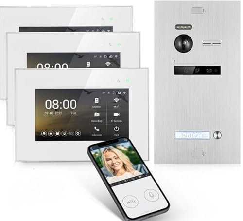 SCHUTZER Balter EVO-HD Video-Türsprechanlage für 1 Familienhaus, 7 Touchscreen Monitor 175° Weitwinkelkamera, Nachtsicht, 2-Draht-Technologie (Weiß/Silber mit Wi-Fi, 3 Monitor)