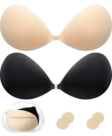 2 Paires de Soutiens-Gorge Push-Up Adhésifs pour Femmes - Soutien-Gorge Invisibles, Respirants & Réutilisables, sans Bretelles et sans Dos pour Un Port Quotidien avec 2 Packs de Couvre-Nipples