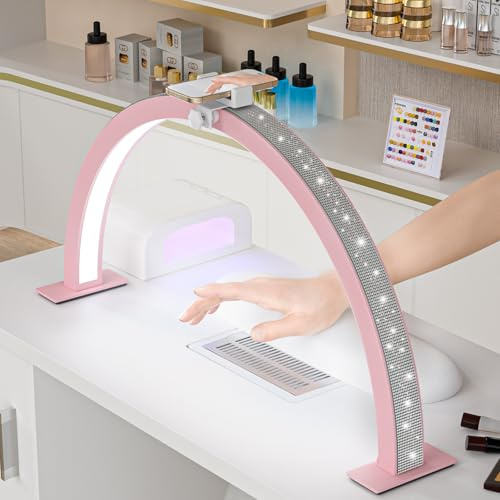 DeerDean Half Moon Light for Nail Desk with Phone Holder & Adjustable 29 Moon Light Nail Tech Lamp for Tattoo, Eyelash, Nail Art & Spa Stations | Dimmable Half Moon Lamp & Nail Light for Desk (Pink)