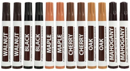 12 Piezas Marcadores de Reparación para Muebles de Madera, 6 Colores para Rayas, Arañazos en Pisos de Parquet, Laminados y Muebles, Incluye Tonos de Arce, Roble, Cerezo, Nogal, Caoba y Negro