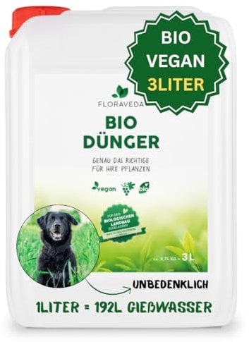 Floraveda Bio Flüssigdünger 3 L | Für Zimmerpflanzen, Balkon, Hochbeet & Garten | Ganzjährig einsetzbarer Pflanzendünger mit Kalium & Stickstoff | Vegan, 100 % pflanzlich aus Traubentrestern
