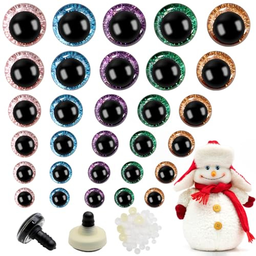 KASURE 60 Pièces Yeux de Securite Amigurumi, Yeux Poupée en Paillettes Plastique 5 Couleurs 12/14/16/18/20/22mm, Yeux Crochet avec Rondelles pour Poupée d'animaux en Peluche, Marionnettes Artisana