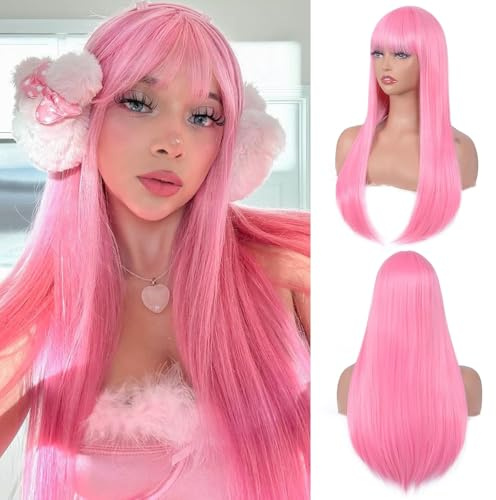 Parrucca Bob corta liscia con frangia da donna naturale, liscia in capelli sintetici per ragazze, per costumi, cosplay, feste e uso quotidiano (rosa)