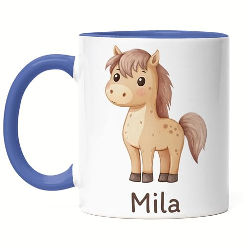 Kiddle-Design Kindertasse mit Namen Personalisiert, Personalisierte Tasse Kinder mit Pferd, Namenstasse Pferdtasse, Kinderbecher als Geschenk zur Geburt, Taufe Weihnachten - Tasse Blau