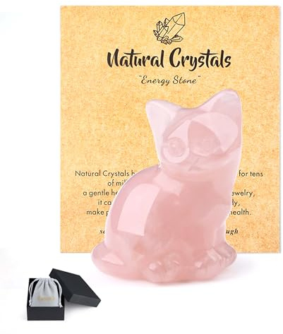 QINJIEJIE Rose Quartz Crystal Cat Figurine Crystal Gifts for Women | Good Luck Cat Themed Gift Cats Statue Home Office Desk Decor, Pink Spiritual Gifts for Cats Lovers Men Christmas 1.5