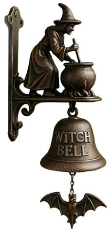 Vintage Witch Doorbell,Cast Iron Halloween Protection Door Hangers Bell with Witch on Broom,Outdoor Decorative Bell for Porch, Garden, Front Door, Door Bell Gothic Home Wall Decor (A)
