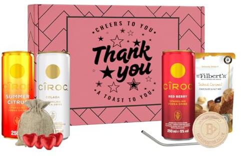 Ciroc Thank You Gift Set – 3 x 250ml Ciroc Cans, Chocolate Hearts - Mr Filberts Snacks | Cocktail Gift Box | Alcohol Gift for Him or Her