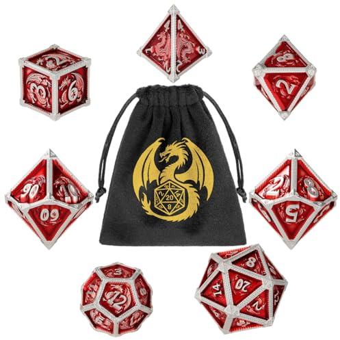 DND Metall Drache Würfel Set, 7-teiliges Polyedrisches Metall Würfel, Rot | D&D Metall Würfel Set, Rollenspiel Brettspiel Zubehör, DND Geschenke, D20, D12, 2 D10 (00-90 und 0-9), D8, D6, D4, mit Tasche