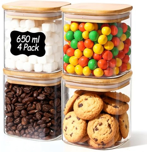ComSaf Bocaux en verre avec couvercles 650 ml, lot de 4 pour la cuisine | Rangement cuisine, Couvercles en bambou, Nourriture pour oiseaux, Lingettes de cuisine, Graines de courge, Verre borosilicaté