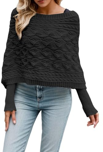 Generisch 2026 Pull d'hiver décontracté en tricot pour femme à manches longues chauve-souris Cardigan ample ajouré Écharpe cache-cœur Haut pour le quotidien, Noir , taille unique