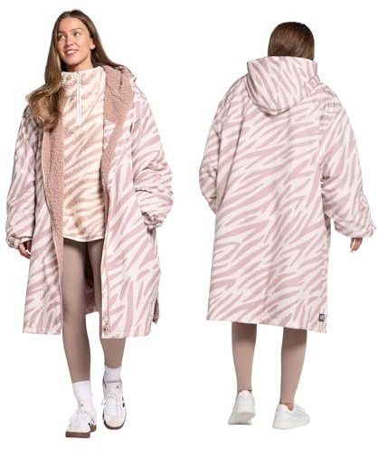 OHS Rain Coats for Women, Zebra Print Oversized Waterproof Jacket Fleece Lining Changing Robe with Hood & Pockets Lightweight Breathable Womens Coats for Outdoor Travel, Beige - S/M