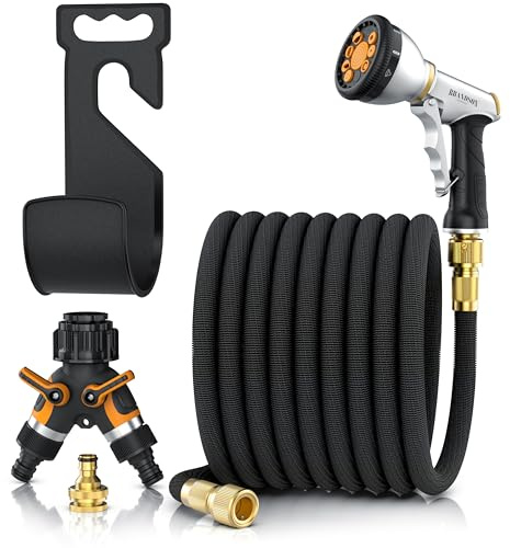 Brandson Gartenschlauch flexibel 15m, dehnbar auf 15 Meter, Handbrause | Gedehnt 5 bis 15 m, 9 Strahleinstellungen, 2-Wege-Wasserverteiler mit Mengenreglern, Wandhalterung, Adapter 1/2 Zoll