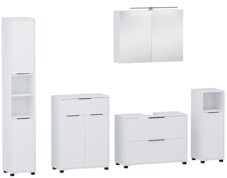 Vicco Badmöbel-Set Alina, Weiß, 80 cm, besteht aus Waschbeckenunterschrank, Spiegelschrank, Hochschrank, Midischrank und Badschrank