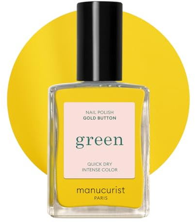 Manucurist Green Gold Button Bright Yellow Natural Nail Polish | Long lasting nail polish and Quick dry nail varnish with classic manicure effect. Vegan, 9-free, plant-based, 15 ml
