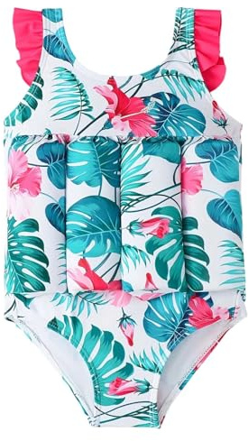 Maillot de Bain Flottant Enfant Fille Imprimé à Manches Courtes Costume de Bain Piscine Plage Enfant Maillot de Bain Bouée Intégré avec des Bâtons de Flottabilité pour Natation Débutant Training