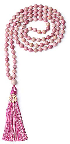 coai Collana Buddista con 108 Perle Mala in Rodonite Annodate a Mano con Nappa Rosa e Amuleto OM, 6mm