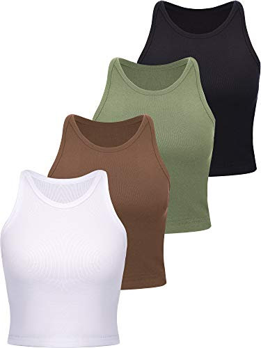 Einfaches bauchfreies Top, ärmellos, Racerback-Stil, bauchfreie Sportoberteile für Damen und Mädchen, für den Alltag, 4 Stück, Schwarz, Grün, Kaffee, Weiß, Mittel