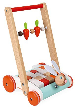Janod - Holzwagen Hase - Holz Lauflernwagen - Wackelnder Hasenkopf auf Feder, Karotten Abakus - Mit 19 Holzbausteinen - Kinderspielzeug - Ab 1 Jahr, J08251