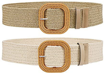 SUOSDEY 2 Stück Stroh gewebter elastischer Stretch-Taillengürtel für Frauen Sommer Boho Wide Waist Dress Band Geflochtene Gürtel, Khaki+Beige,120cm