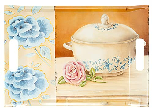 Lashuma Grand plateau de cuisine avec poignées, plateau décoratif 38 x 27 cm, plateau bleu blanc design : casserole